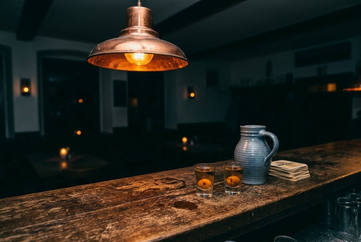 Theke eines hessischen Apfelweinlokals mit zwei Mispelchen-Gläsern und Bembel
