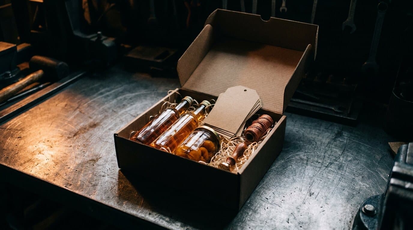 Offene Geschenkbox mit zwei Flaschen, einem Glas Mispeln, Kraftpapier-Etiketten und Siegelstempel