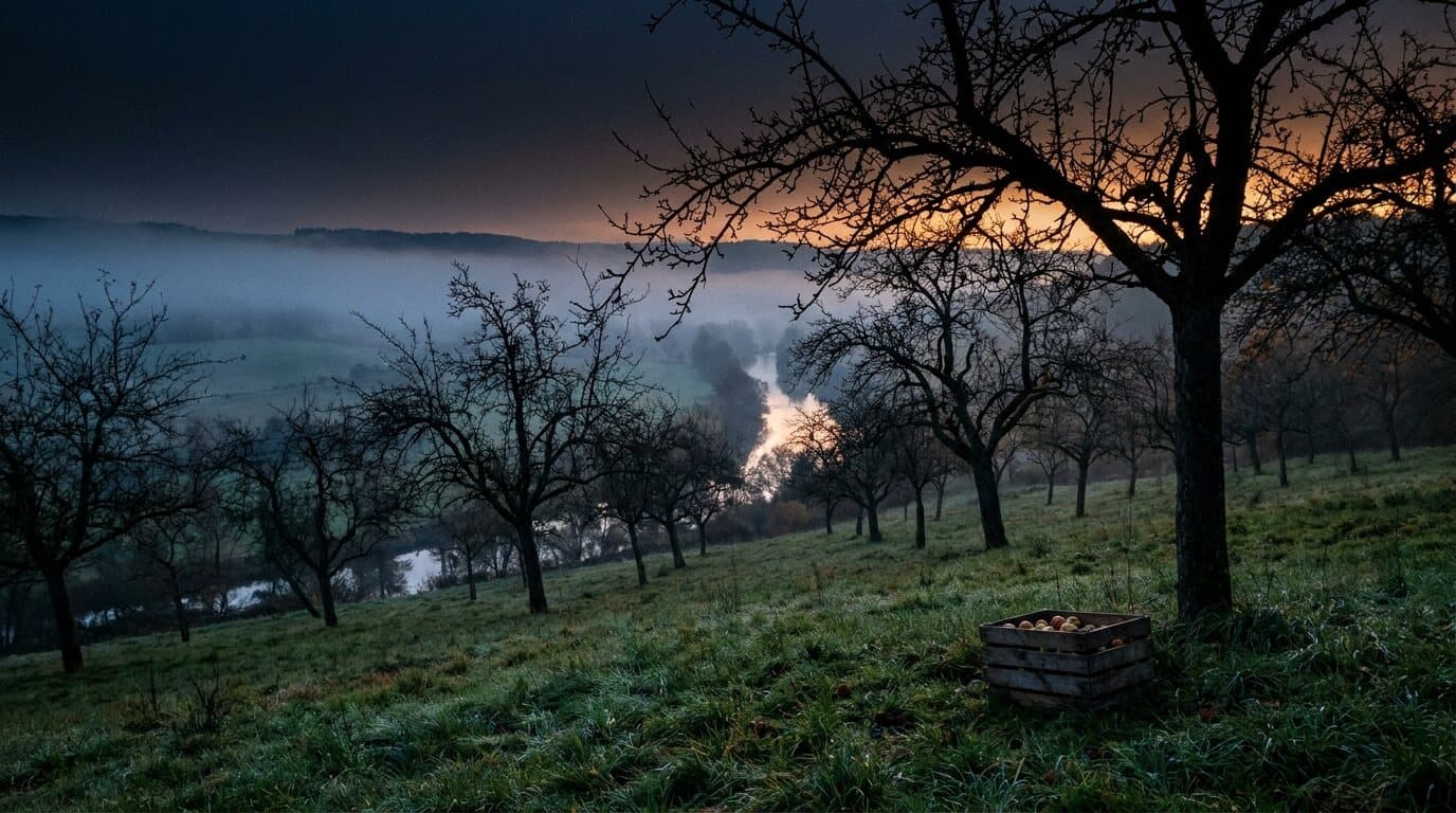 Streuobstwiese über dem Lahntal in Mittelhessen zur blauen Stunde