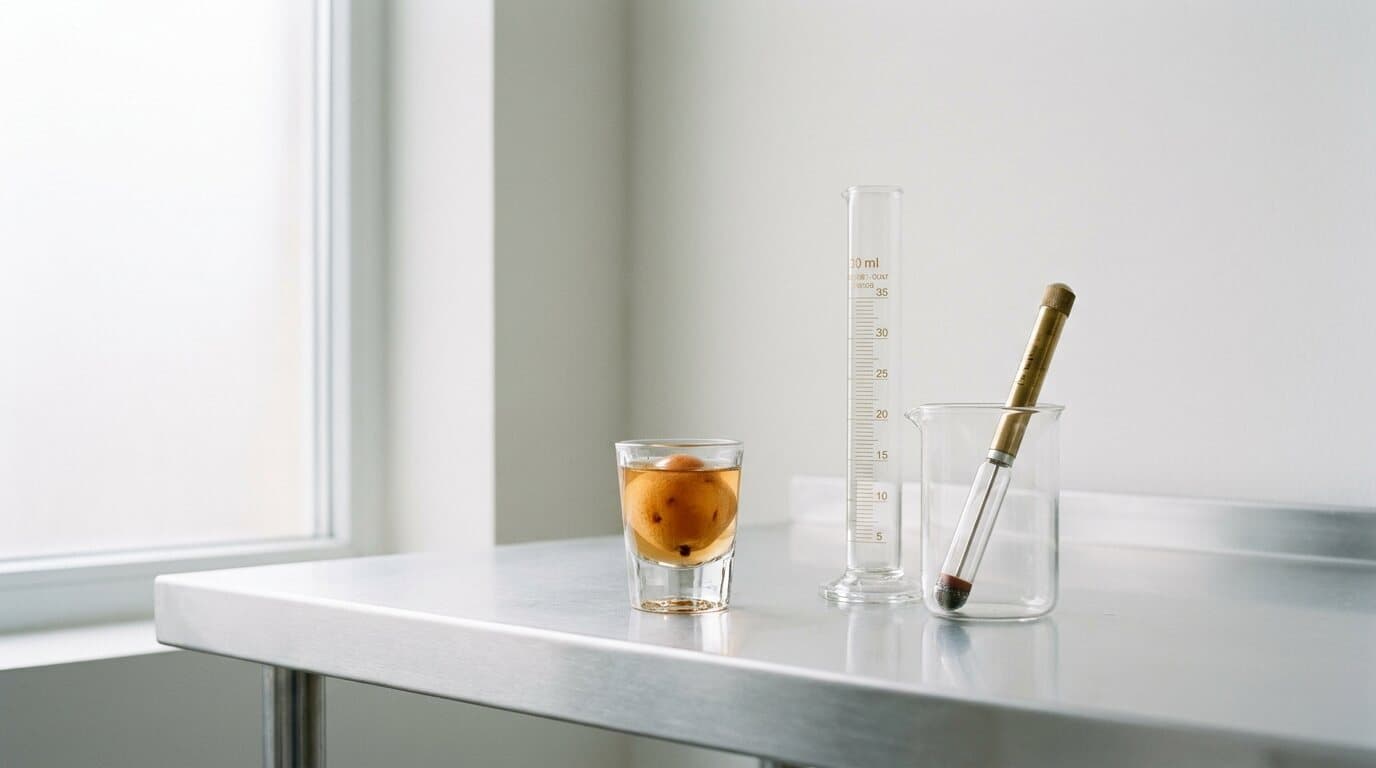 Stamperglas mit eingelegter Mispel neben Messzylinder und Spindel auf heller Edelstahlbank