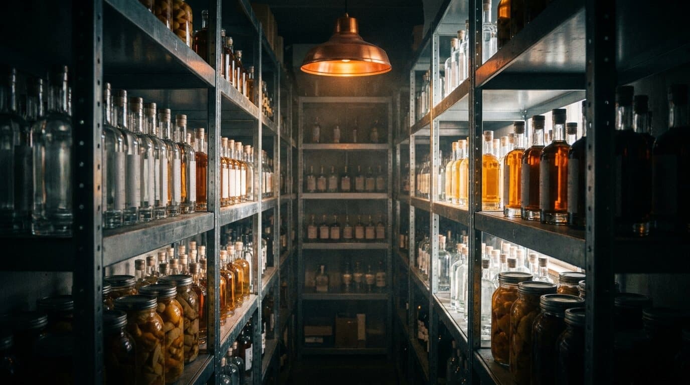 Regale mit Flaschen und Einlege-Gläsern im Lager der Manufaktur unter einer Kupferlampe